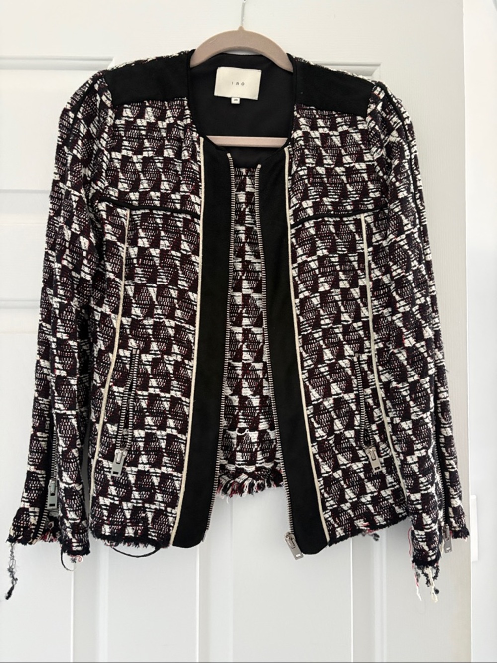 IRO Burgundy, Black & White Tweed Zip Jacket